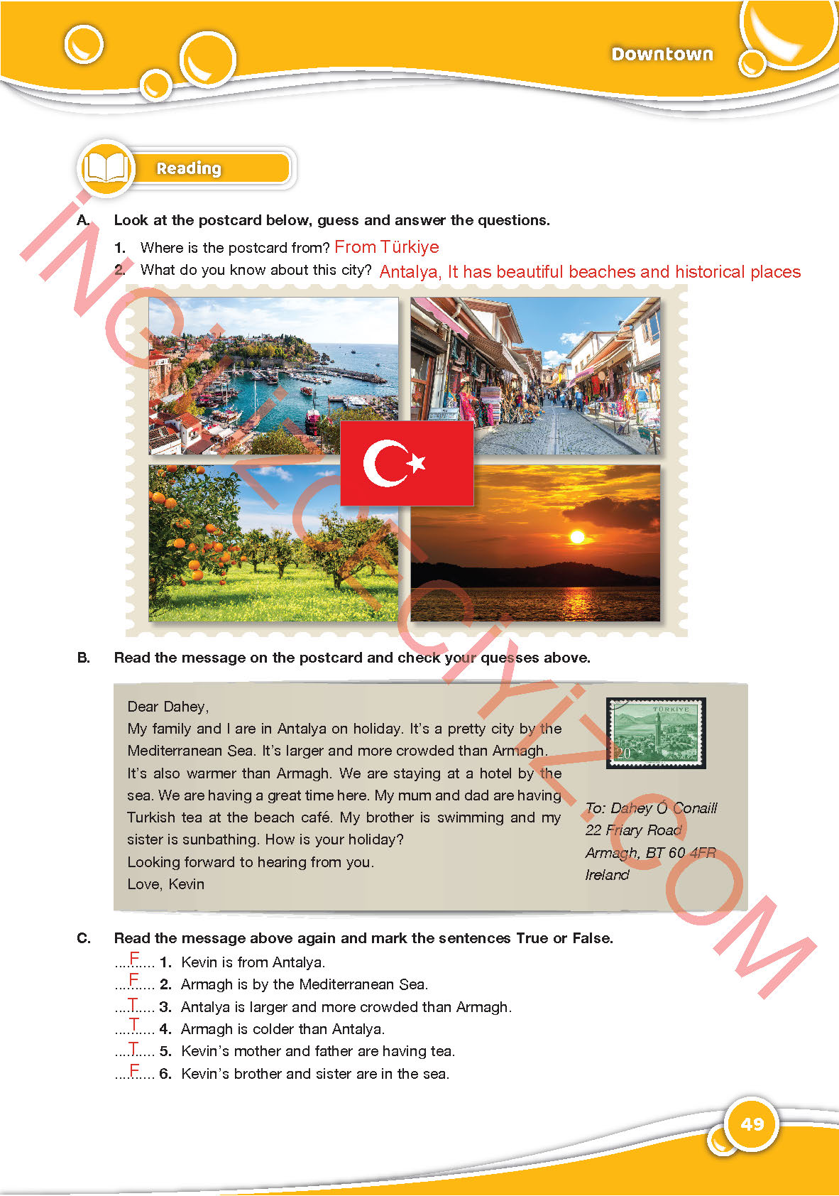 6. Sınıf İngilizce Özgün Yayınları Kitabı Sayfa 49 Cevapları