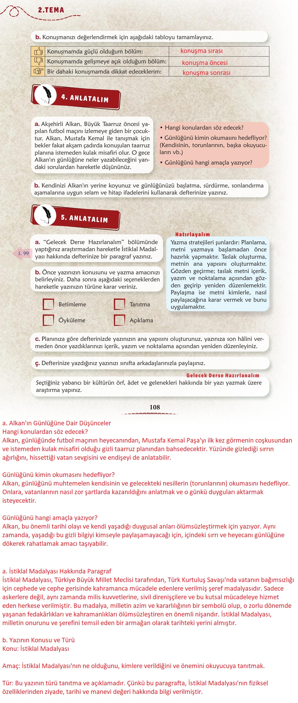6. Sınıf Türkçe 1. Kitap Meb Yayınları Ders Kitabı Sayfa 109 Cevapları