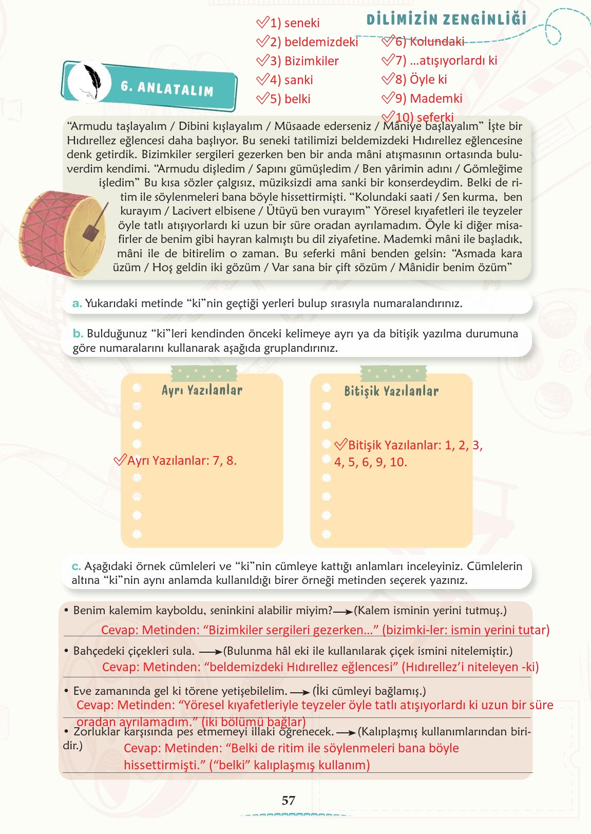 6. Sınıf Türkçe 1. Kitap Meb Yayınları Ders Kitabı Sayfa 58 Cevapları