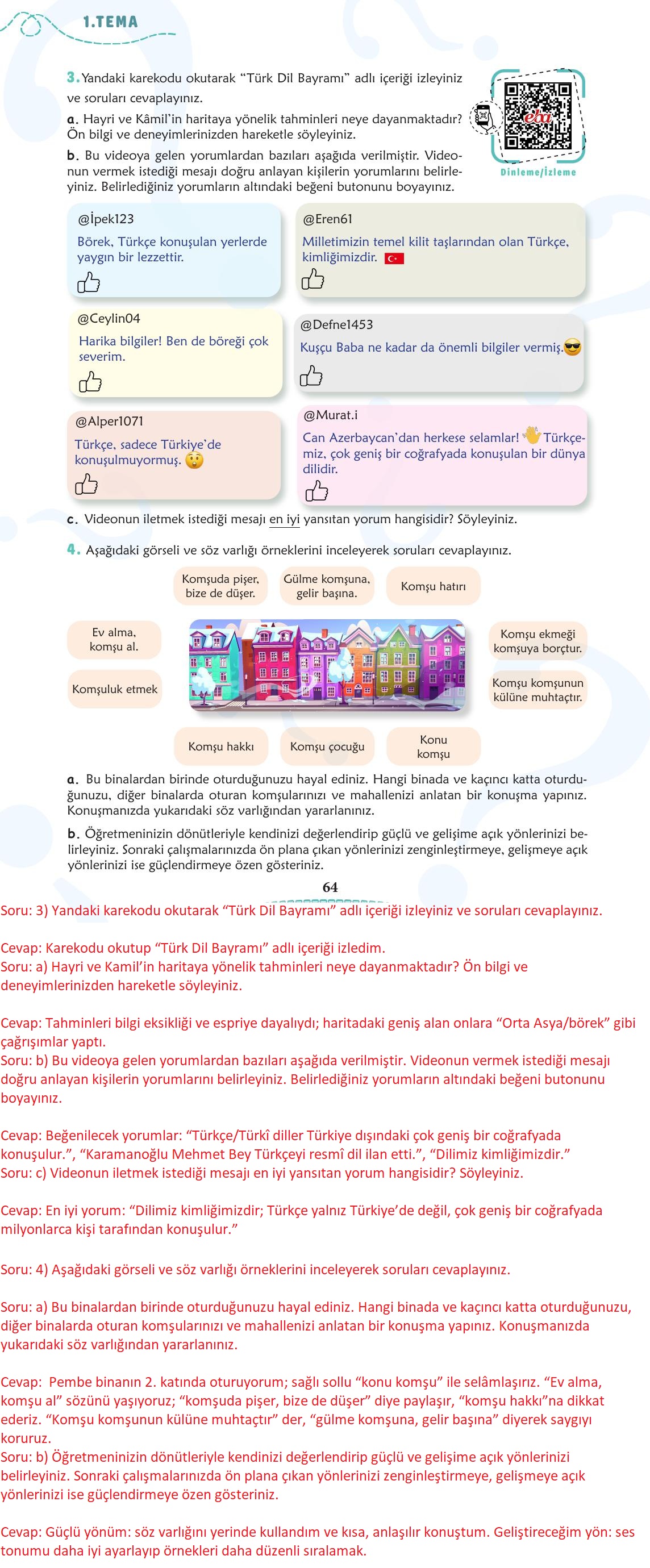 6. Sınıf Türkçe 1. Kitap Meb Yayınları Ders Kitabı Sayfa 65 Cevapları