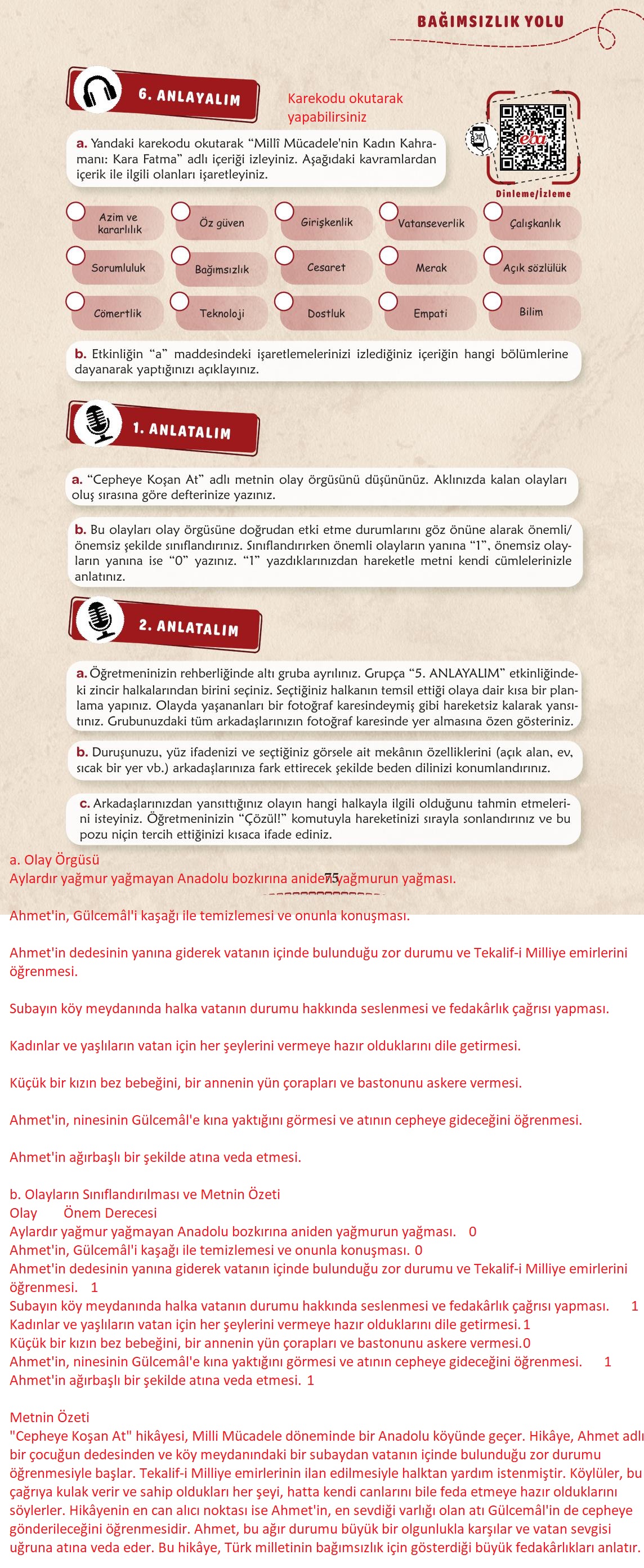 6. Sınıf Türkçe 1. Kitap Meb Yayınları Ders Kitabı Sayfa 76 Cevapları
