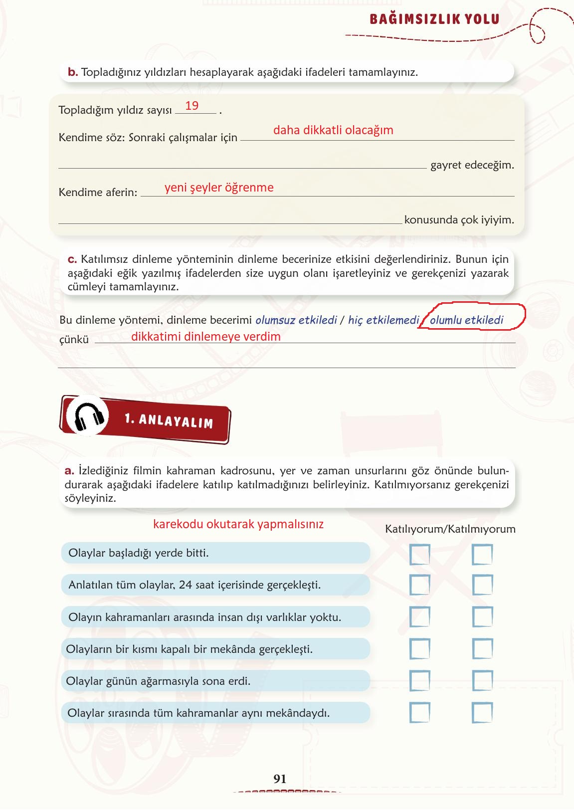 6. Sınıf Türkçe 1. Kitap Meb Yayınları Ders Kitabı Sayfa 92 Cevapları