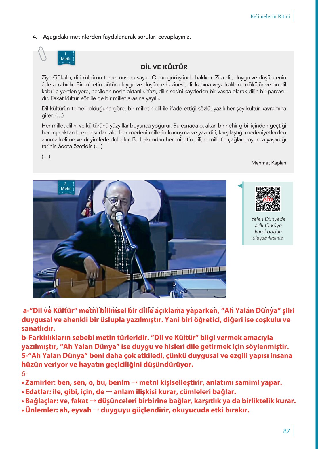 10. Sınıf Meb Yayınları Türk Dili Ve Edebiyatı Ders Kitabı Sayfa 87 Cevapları