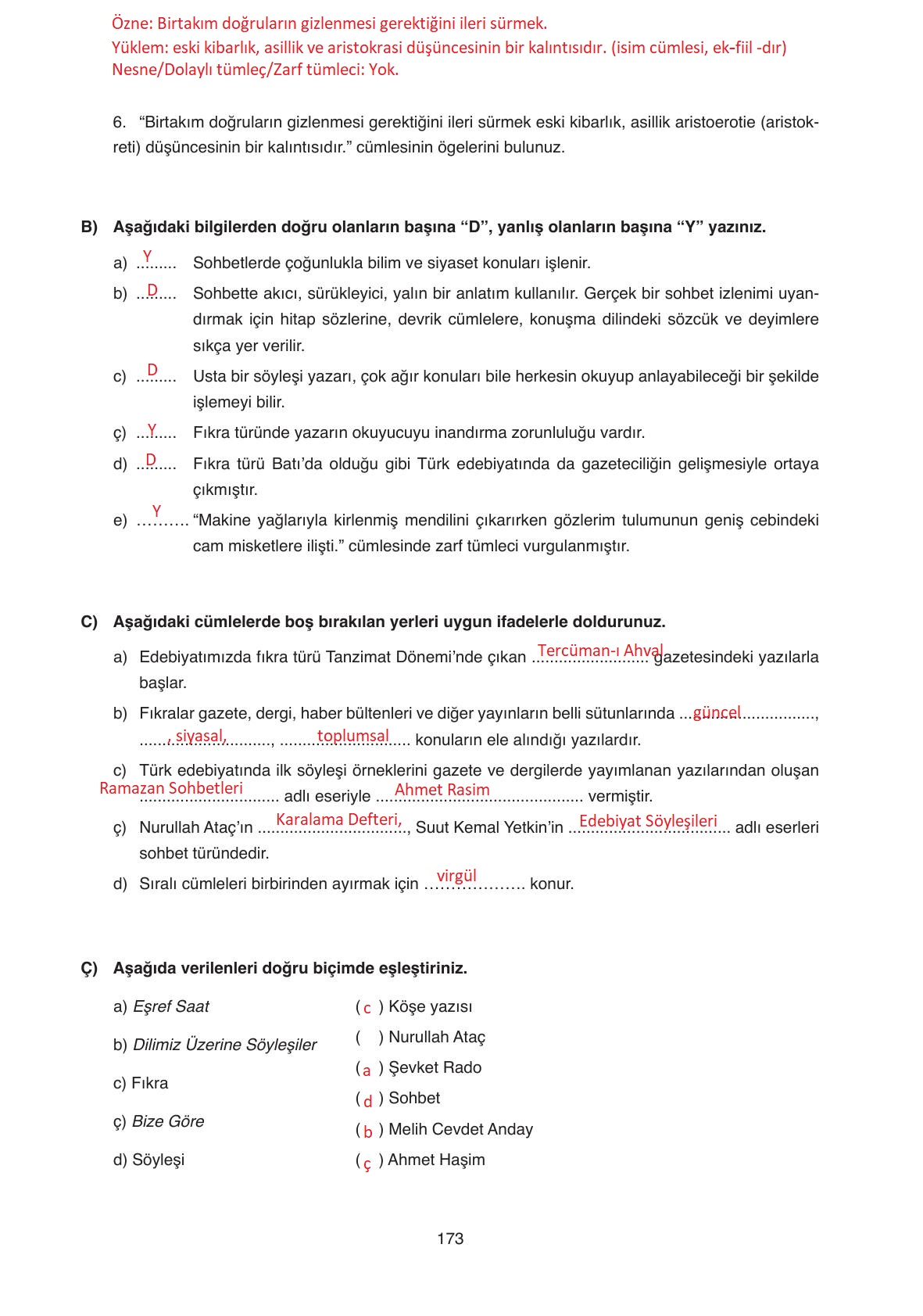 11. Sınıf Ata Yayıncılık Türk Dili Ve Edebiyatı Ders Kitabı Sayfa 173 Cevapları
