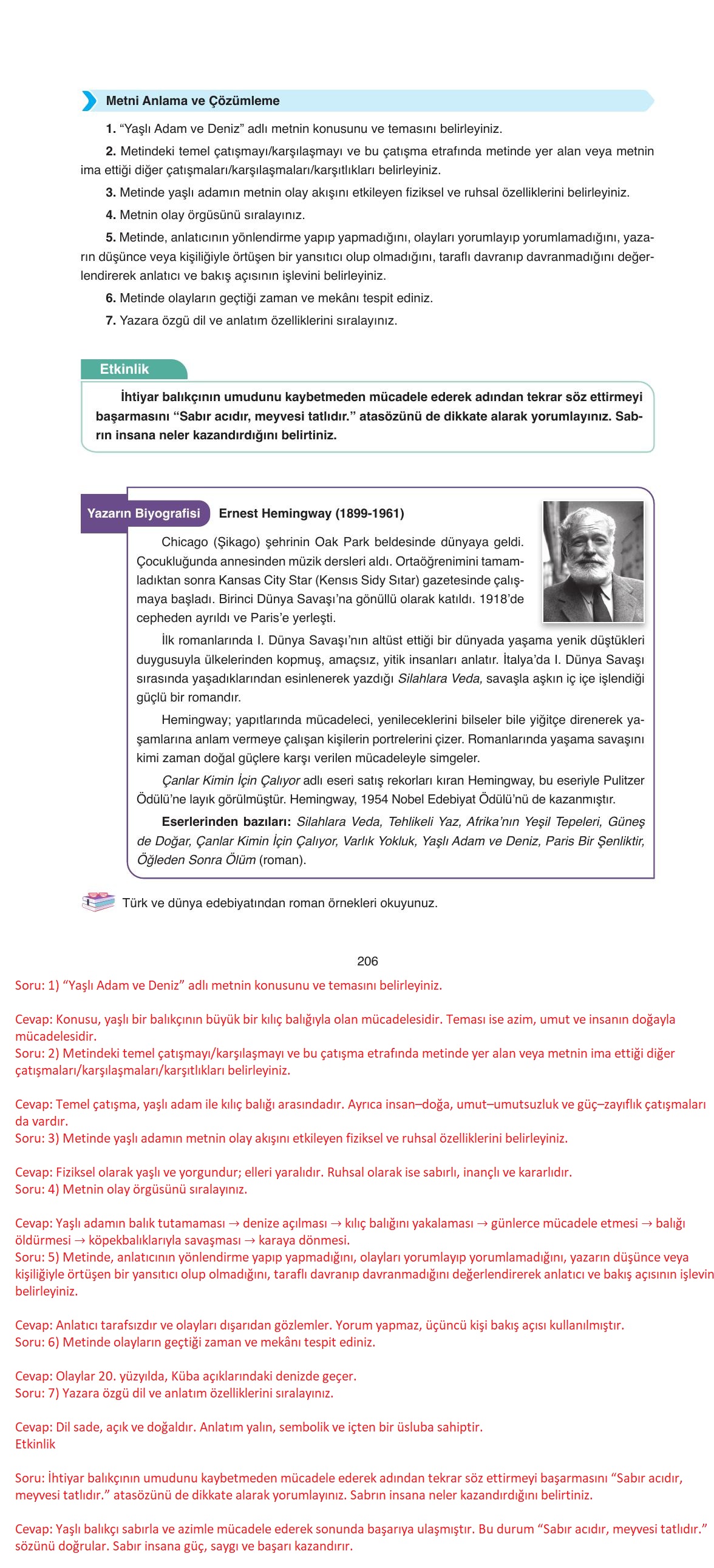 11. Sınıf Ata Yayıncılık Türk Dili Ve Edebiyatı Ders Kitabı Sayfa 206 Cevapları