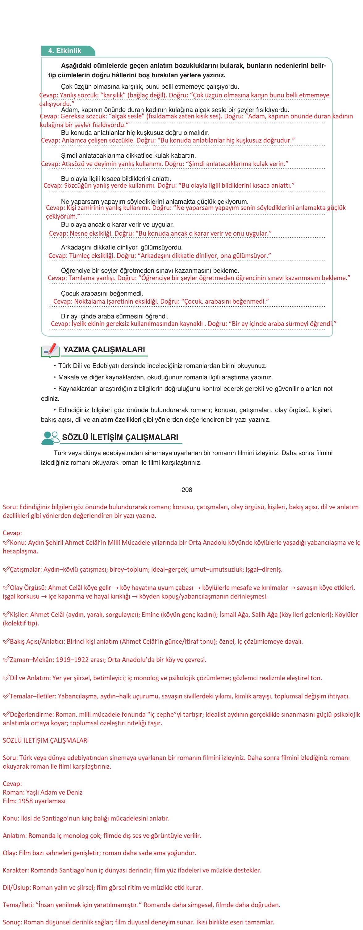 11. Sınıf Ata Yayıncılık Türk Dili Ve Edebiyatı Ders Kitabı Sayfa 208 Cevapları
