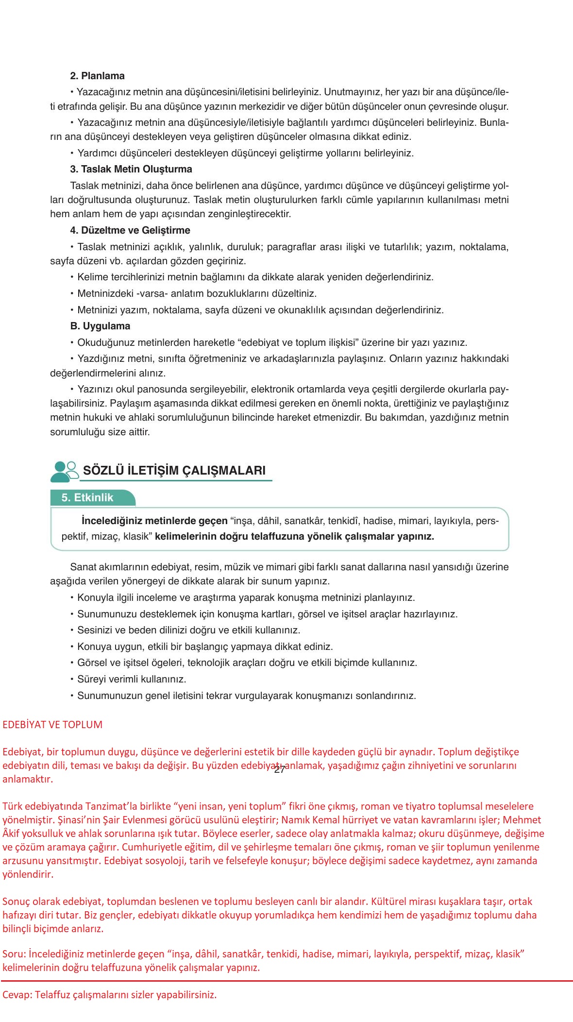 11. Sınıf Ata Yayıncılık Türk Dili Ve Edebiyatı Ders Kitabı Sayfa 27 Cevapları