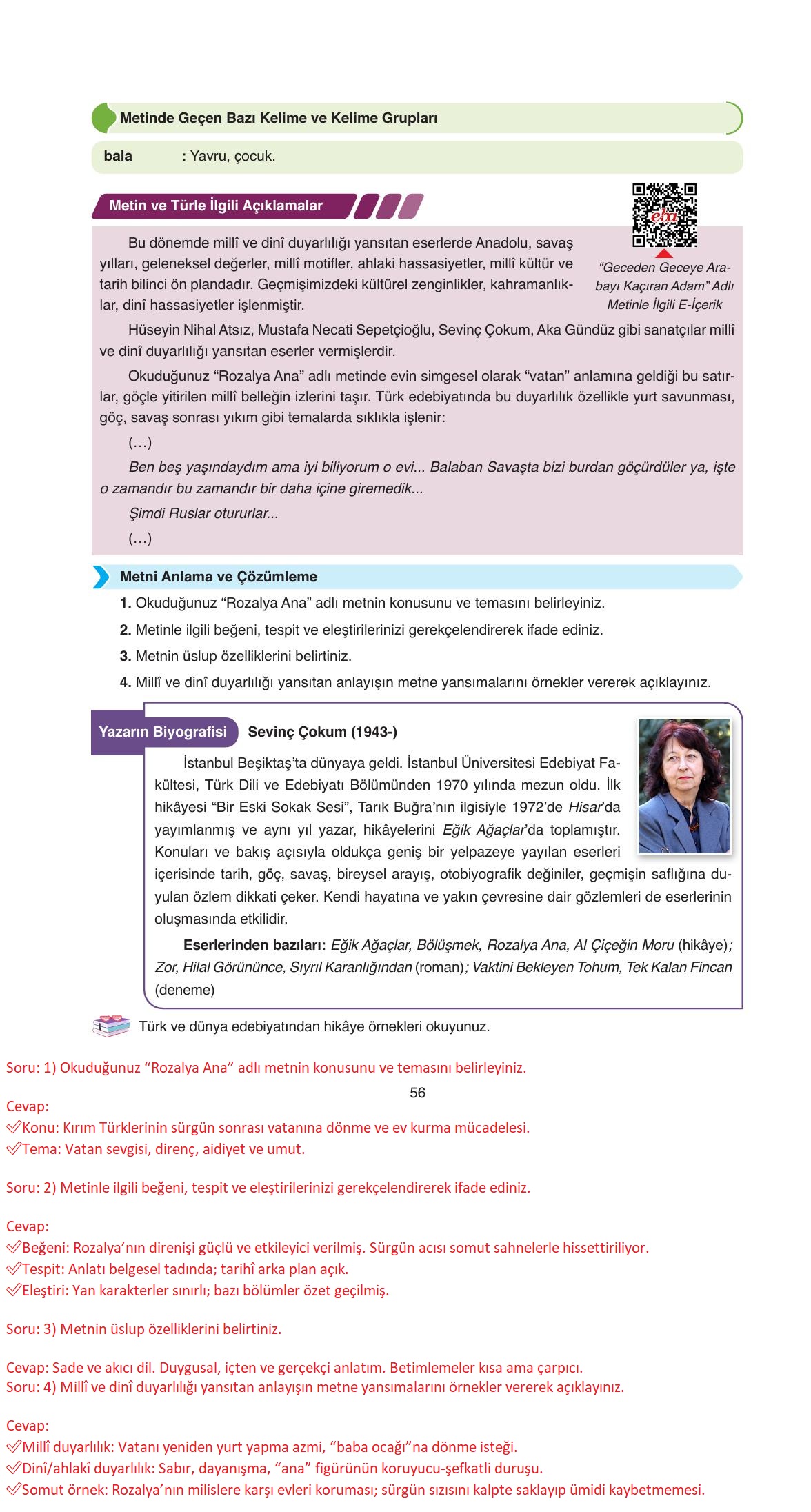 11. Sınıf Ata Yayıncılık Türk Dili Ve Edebiyatı Ders Kitabı Sayfa 56 Cevapları