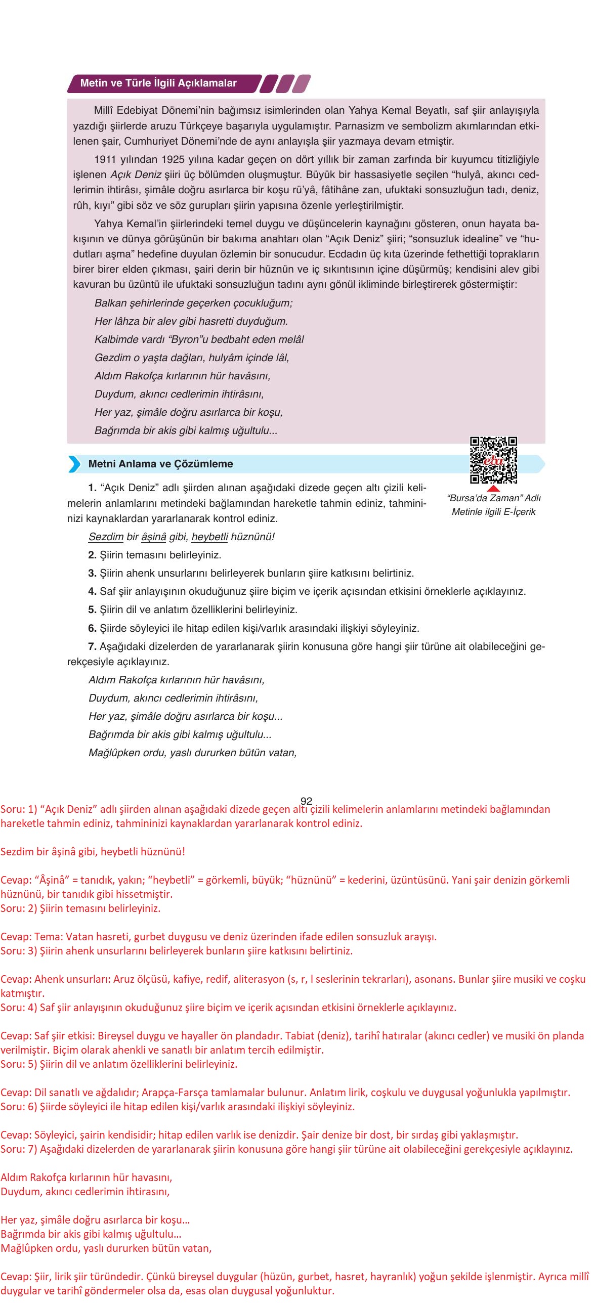 11. Sınıf Ata Yayıncılık Türk Dili Ve Edebiyatı Ders Kitabı Sayfa 92 Cevapları
