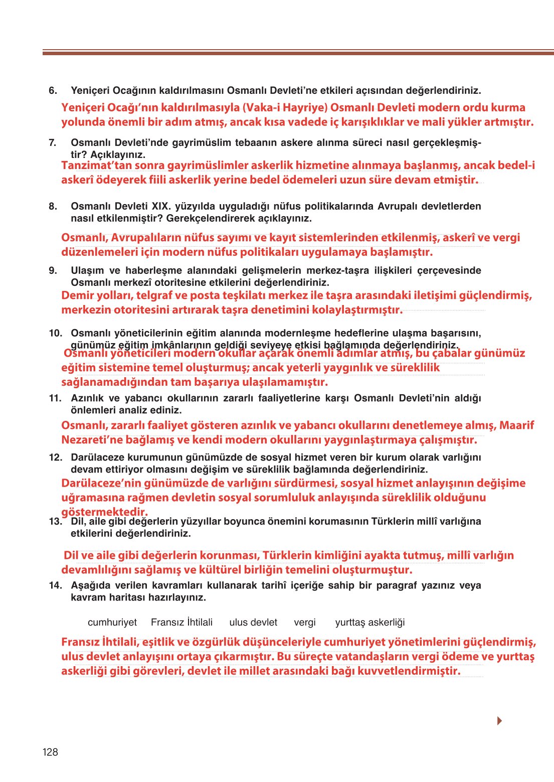 11. Sınıf Meb Yayınları Tarih Ders Kitabı Sayfa 128 Cevapları