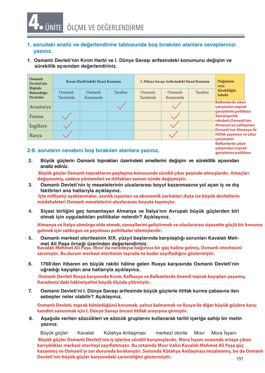 11. Sınıf Meb Yayınları Tarih Ders Kitabı Sayfa 191 Cevapları