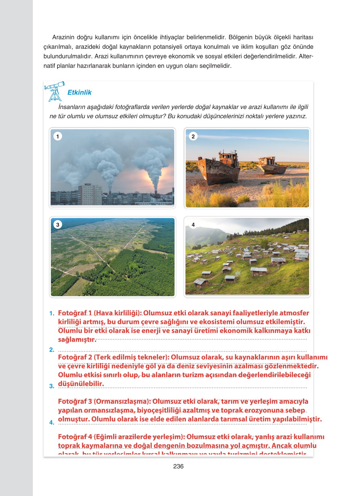 11. Sınıf Yıldırım Yayınları Coğrafya Ders Kitabı Sayfa 236 Cevapları