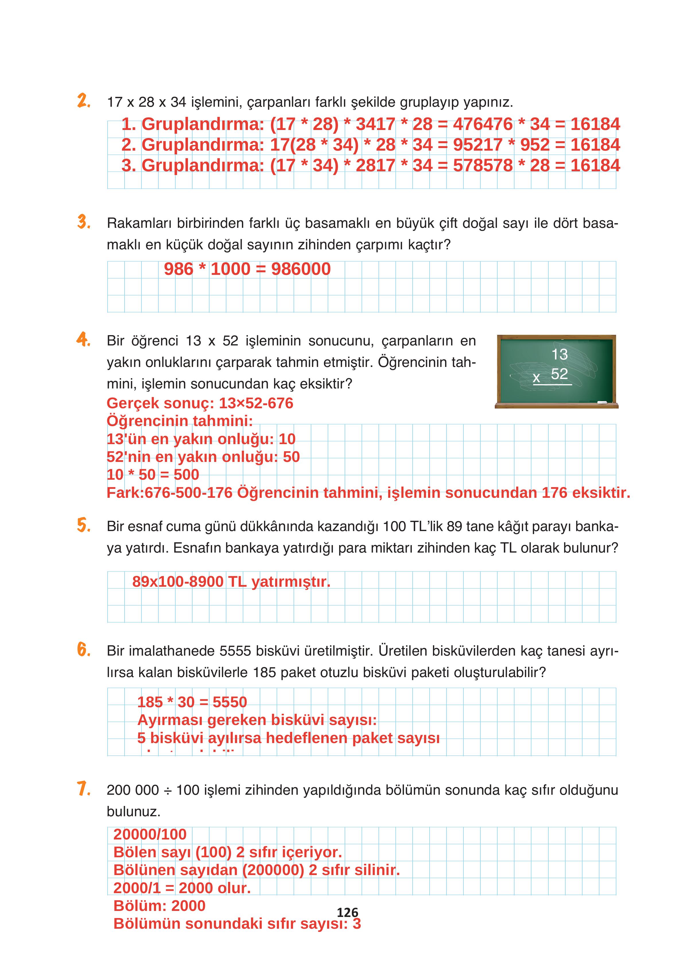 4. Sınıf Fersa Yayınları Matematik Ders Kitabı Sayfa 126 Cevapları