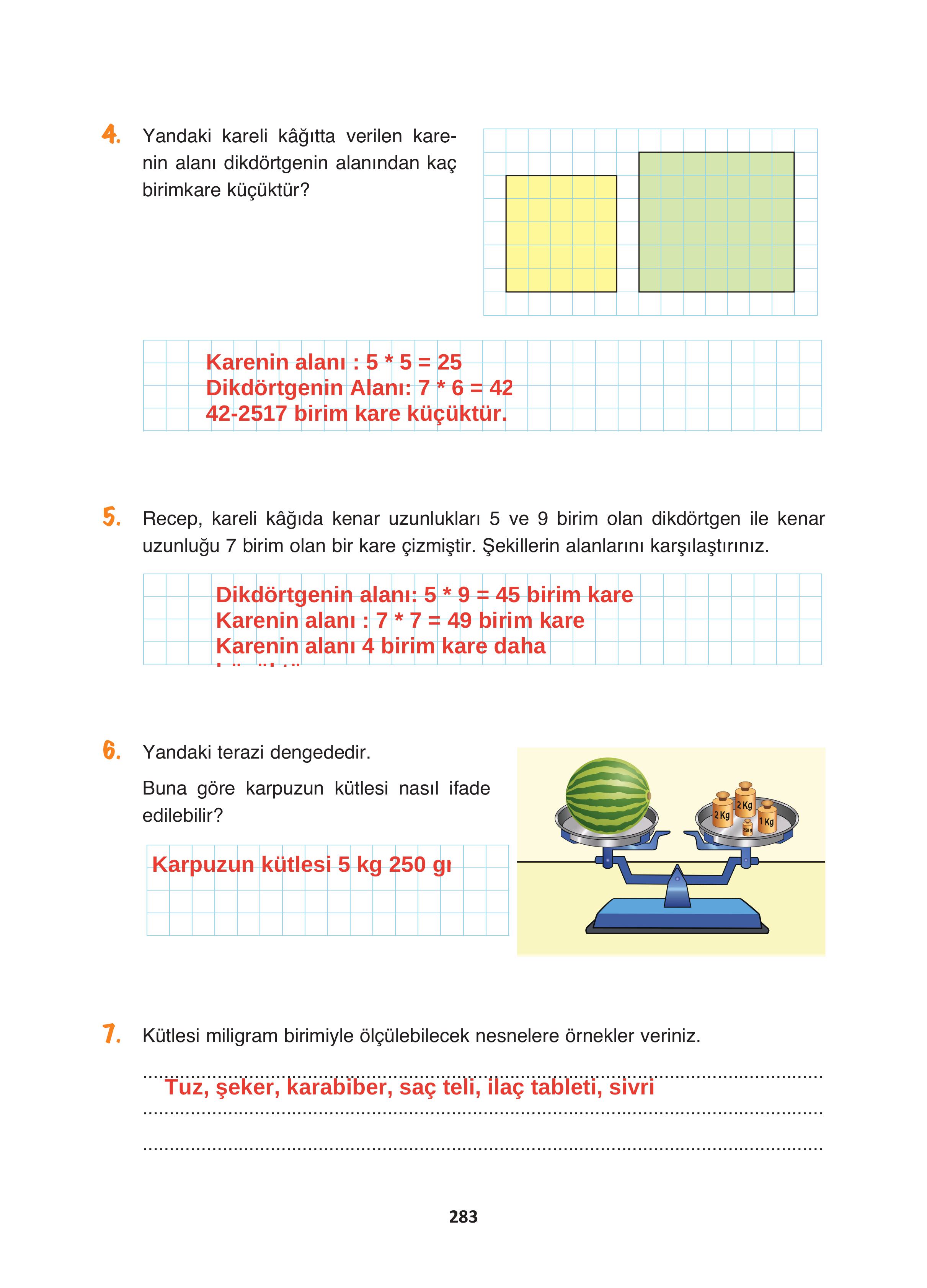4. Sınıf Fersa Yayınları Matematik Ders Kitabı Sayfa 283 Cevapları