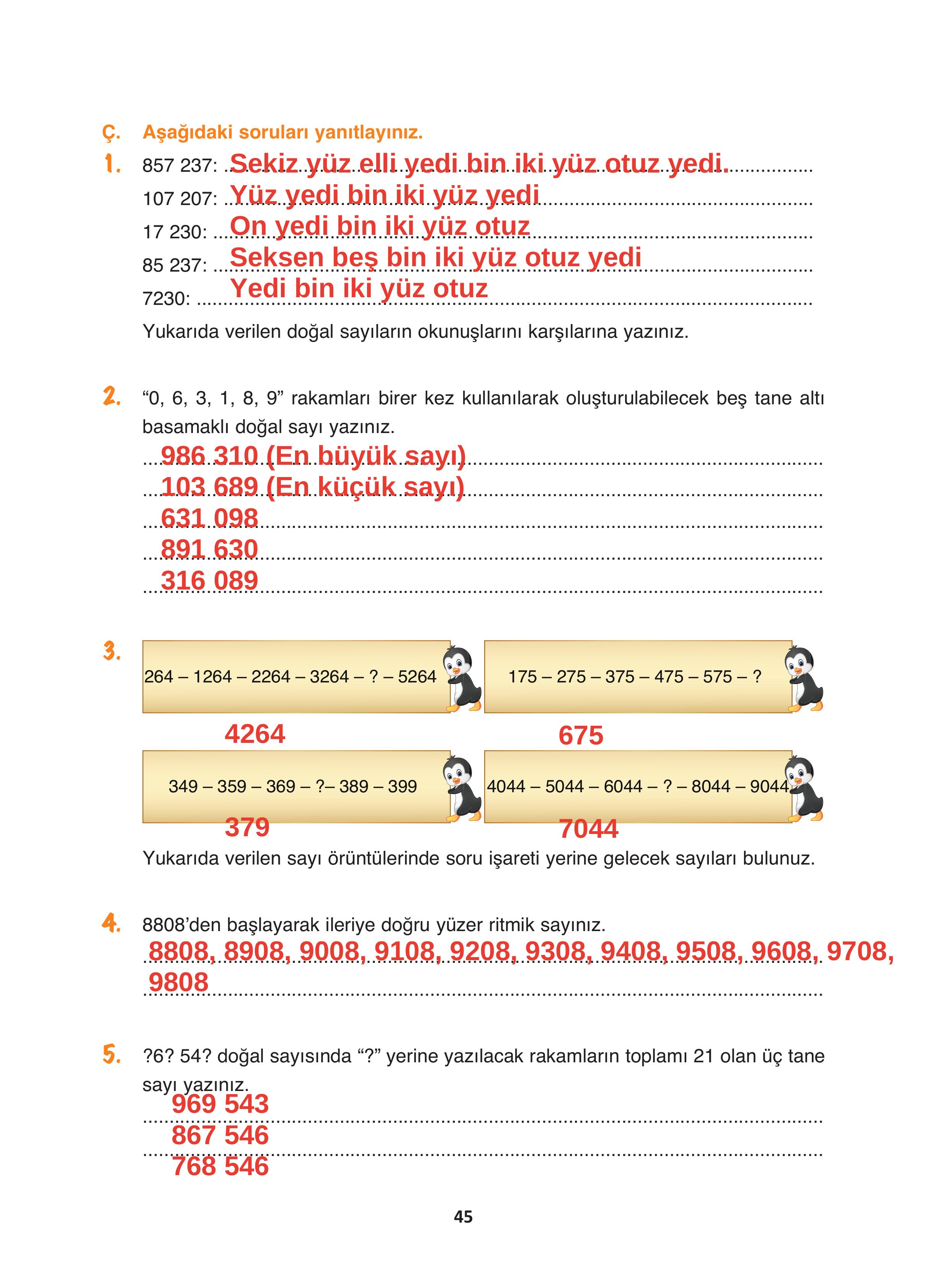 4. Sınıf Fersa Yayınları Matematik Ders Kitabı Sayfa 45 Cevapları