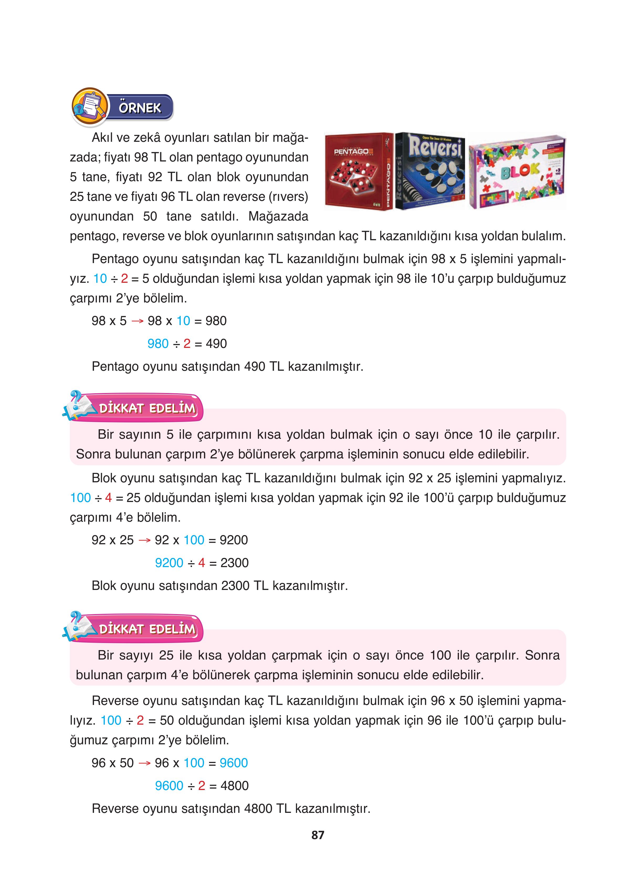 4. Sınıf Fersa Yayınları Matematik Ders Kitabı Sayfa 87 Cevapları