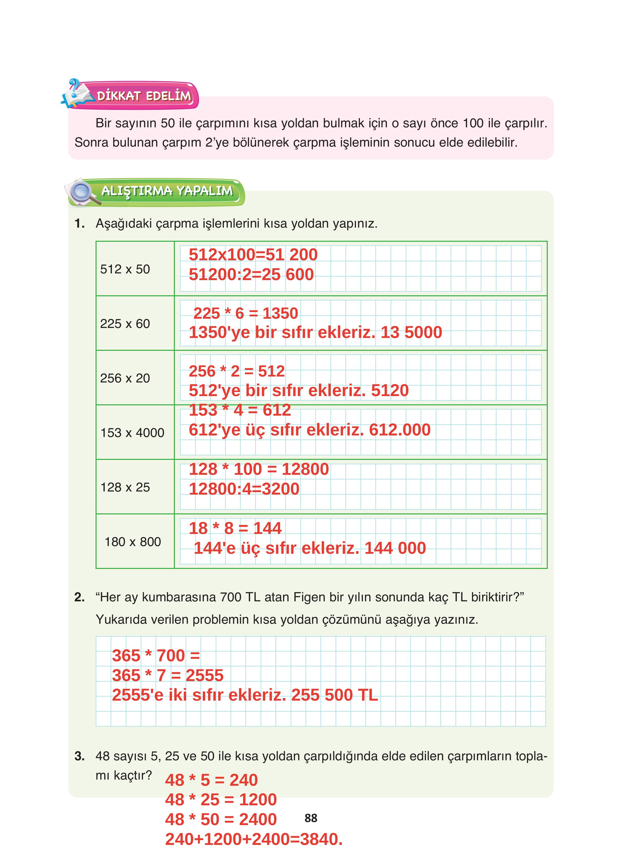 4. Sınıf Fersa Yayınları Matematik Ders Kitabı Sayfa 88 Cevapları 4. Sınıf Fersa Yayınları Matematik Ders Kitabı Sayfa 88 Cevapları