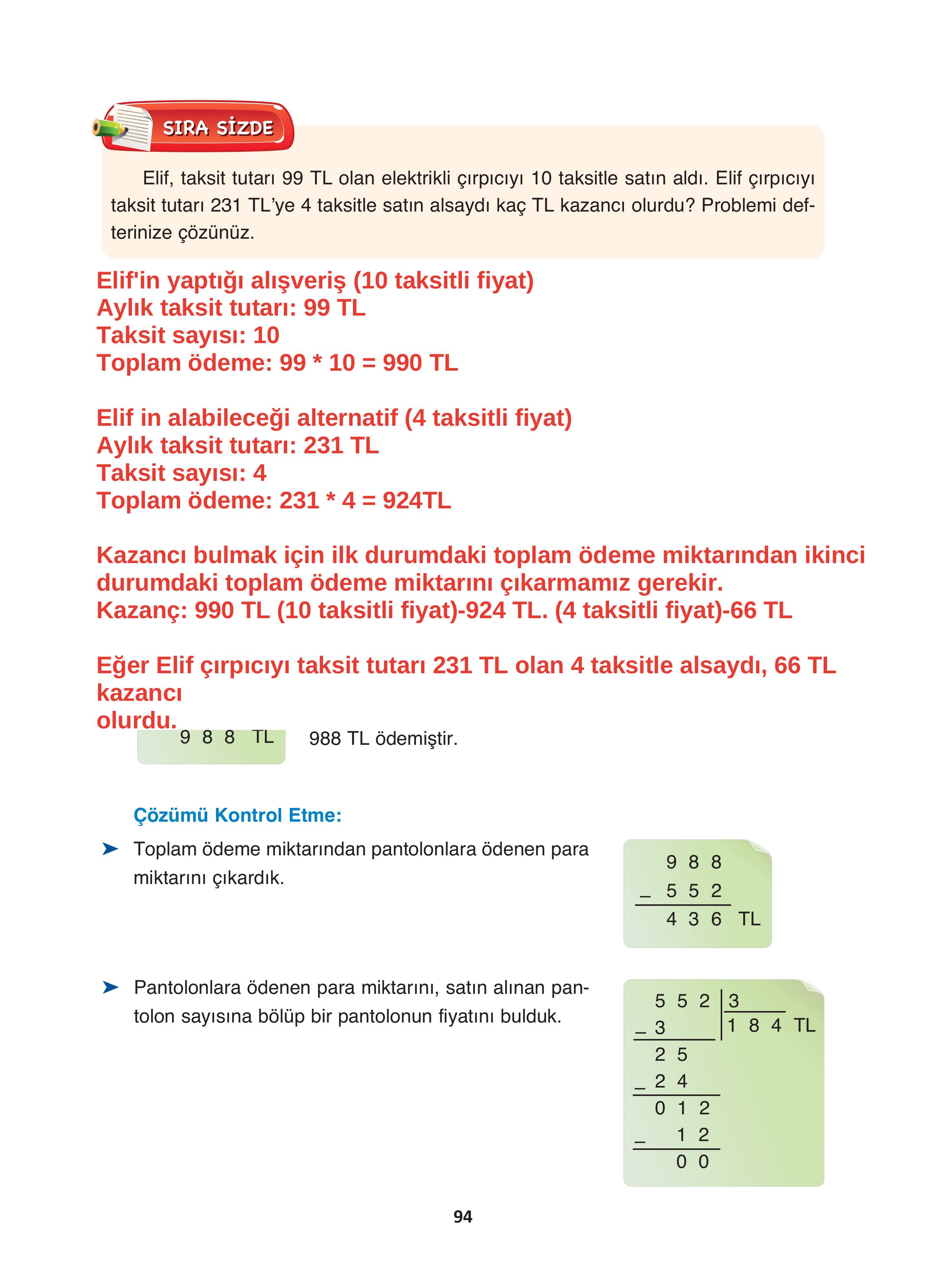 4. Sınıf Fersa Yayınları Matematik Ders Kitabı Sayfa 94 Cevapları